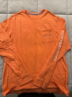 Vineyard Vines Kids Long-Sleeve Pocket Tee - Bright Orange with White Logo